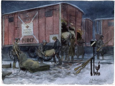 Soldats pillant un wagon de chemin de fer - Soldados saqueando um vagão ferroviário (da série de aguarelas revolução russa) - Vladimirov, Ivan Alexeyevich (1869-1947) - 1922 - Aguarela sobre papel - 25,8x34,1 - Colecção privada de Ivan Alexeyevich Vladimirov