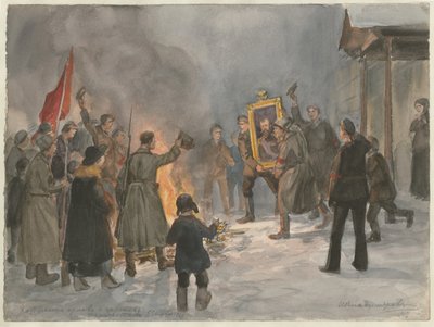 Soldados queimando pinturas da série de aquarelas Revolução Russa, 1917 de Ivan Alexeyevich Vladimirov
