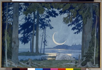 Luar sobre o Lago Ilmen. Cenário para a ópera Sadko de Nicholas (Nikolai) Rimsky Korsakov (Rimsky-Korsakov) (1844-1908) (Noite no Lago Ilmen. Cenário para a ópera Sadko de N. Rimsky-Korsakov (Rimsky Korsakov). Obra de Ivan Yakolevich Bilib de Ivan Yakovlevich Bilibin