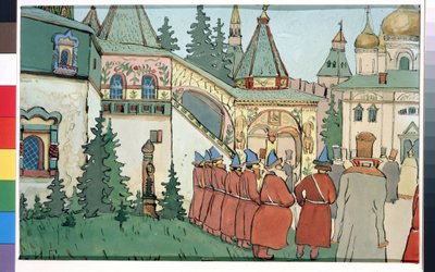 Desenho do palco para a peça de teatro Finist the Falcon. Pintura de Ivan Yakolevich Bilibin (Bilibin) (1876-1942). Aguarela, guache de Ivan Yakovlevich Bilibin