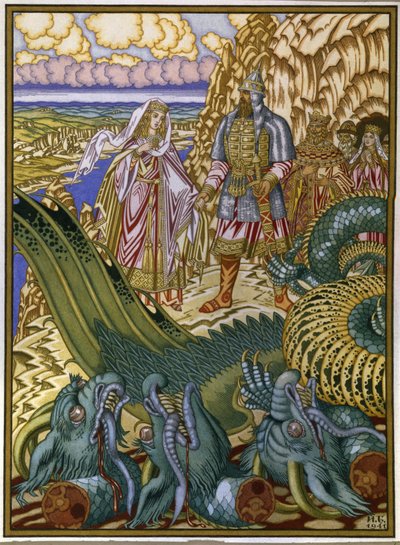 Dobrynia Nikitich salva Zabava Putyatishna do dragão Gorynych. (Dobrynya Nikitich resgata Zabava Putyatishna do Dragão Gorynych). Conto popular tradicional de Kievan Rus. Obra de Ivan Yakovlevich Bilibin (Bilibin) (1876-1942), aquarela e gouac de Ivan Yakovlevich Bilibin