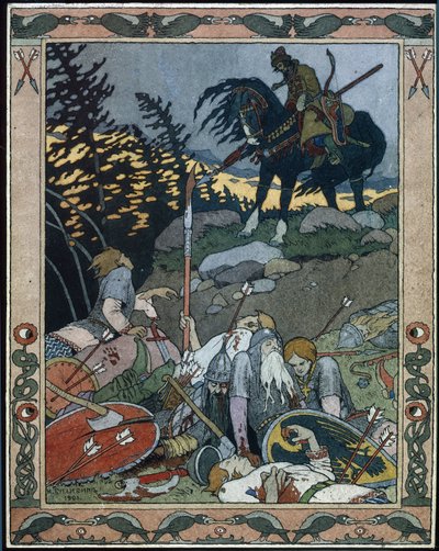 Ilustração para o conto de fadas Marya Morevna. O príncipe Ivan descobre o exército derrotado por Maria Morevna, a rainha guerreira. Trabalho de Ivan Yakovlevich Bilibin (Bilibin) (1876-1942), aguarela e tinta sobre papel de Ivan Yakovlevich Bilibin