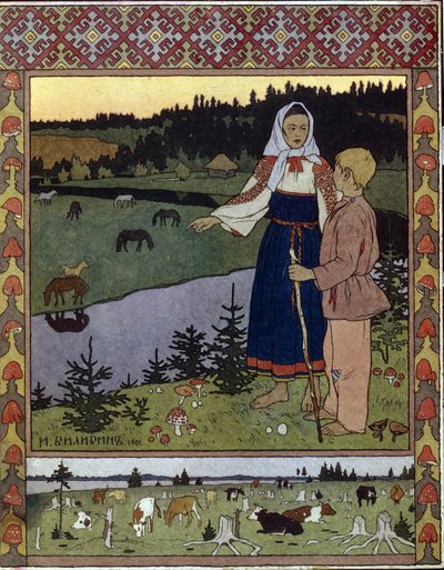 Ilustração para o conto tradicional Alyonouchka e Ivanouchka. Obra de Ivan Yakovlevich Bilibin (Bilibin) (1876-1942), litografia de Ivan Yakovlevich Bilibin