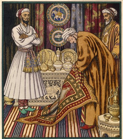 Príncipe Ali compra um tapete mágico. Ilustração para um conto árabe. (Príncipe Ali comprando um tapete). Pintura de Ivan Yakolevich Bilibin (Bilibin) (1876-1942). Aquarela sobre papel. São Petersburgo, Museu Estatal Russo. de Ivan Yakovlevich Bilibin