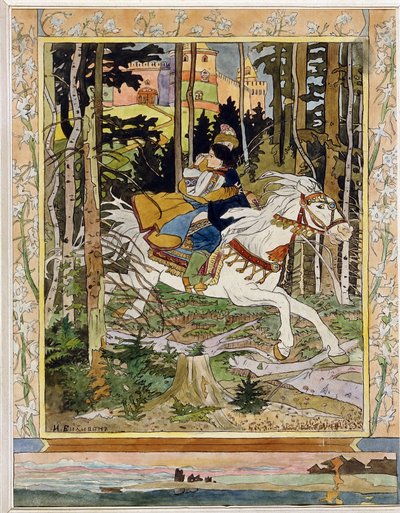 Príncipe Ivan. (Ivan Tsarevich). Heróis das lendas do folclore russo, montando um cavalo branco na floresta, fugindo de um castelo e abraçando Vassilissa La Tres Belle em seus braços. Ilustração de Ivan Yakovlevich Bilibin (Bilibin) (1876-1942), aquarela de Ivan Yakovlevich Bilibin