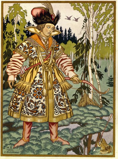 Príncipe Ivan e a Princesa Sapo. (Ivan Tsarevich e a Princesa Sapo). Conto tradicional russo. Obra de Ivan Yakovlevich Bilibin (Bilibin) (1876-1942), aquarela e guache sobre papel de Ivan Yakovlevich Bilibin