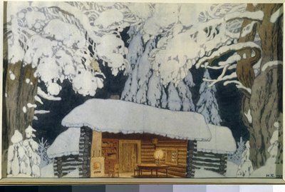Casa de madeira na floresta de neve. Cenário para a peça ""Comandante Suvorov"". Obra de Ivan Yakovlevich Bilibin (Bilibin) (1876-1942), aquarela e guache sobre papel de Ivan Yakovlevich Bilibin