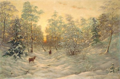 Veado em uma paisagem de neve ao entardecer de Ivan Fedorovich Choultse