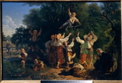 Colhendo cerejas no pomar de um proprietário na Ucrânia. Pintura de Ivan Ivanovich Sokolov (1823-1918), óleo sobre tela de Ivan Ivanovich Sokolov