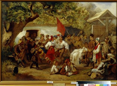 A refeição do casamento. (A Festa do Casamento). Pintura de Ivan Ivanovich Sokolov (1823-1918), óleo sobre tela de Ivan Ivanovich Sokolov
