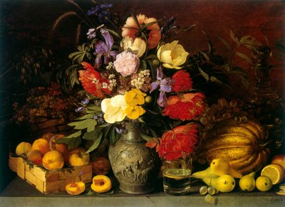 Natureza-morta com flores e frutos 1839 por Ivan Khrutsky (18101885) nome de nascimento: Jan Chrucki. Pintor polaco e russo de Ivan Khrutsky