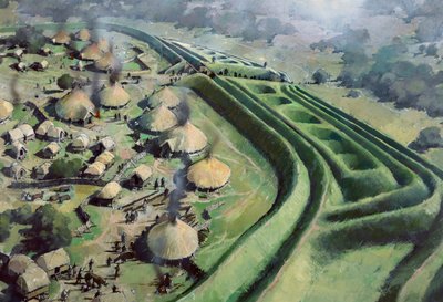 Vista aérea da entrada para Old Oswestry Hill Fort durante a Idade do Ferro, c1970-2010 de Ivan Lapper