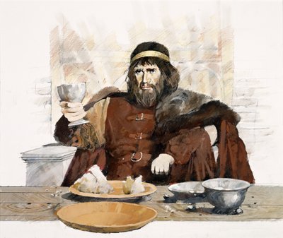 "Rei da Cornualha da Idade das Trevas" no Castelo de Tintagel, Cornualha (aguarela sobre papel) de Ivan Lapper
