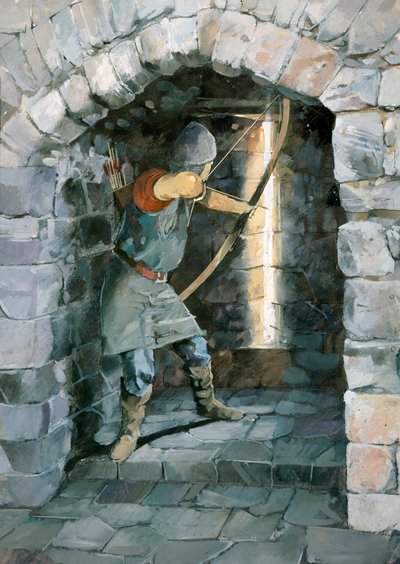 Arqueiro medieval atirando através de uma flecha no Castelo de Beeston, Cheshire de Ivan Lapper