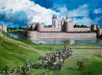 Vista reconstruída da Torre de Londres, mostrando o muro de cortina exterior concluído pelo Rei Eduardo I em 1300 de Ivan Lapper