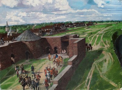 Vista reconstruída da Torre de Londres, mostrando a entrada da Byward Tower e a Lion Tower na década de 1540 de Ivan Lapper
