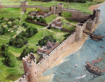 Vista reconstruída do canto sudeste da Londres romana e do futuro local da Torre de Londres, tal como poderia ter sido em cerca de 400 d.C. de Ivan Lapper