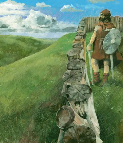 Desenho de reconstrução representando um homem da Idade do Ferro de pé junto a uma vedação de paliçada de madeira no topo da colina do Castelo de Liddington, Swindon, Reino Unido de Ivan Lapper