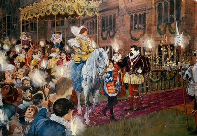 Robert Dudley dando as boas-vindas à Rainha Elizabeth I no Castelo Kenilworth, Warwickshire, julho de 1575 c2000 de Ivan Lapper