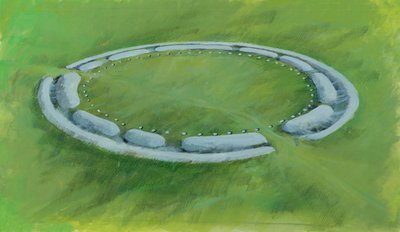 Stonehenge: primeira fase compreendendo uma vala, um banco e um contra-escarpamento que encerra os buracos de Aubrey de Ivan Lapper