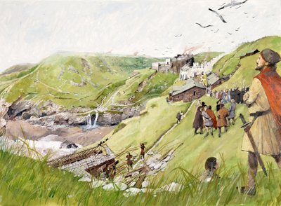 Castelo de Tintagel na época medieval (aguarela sobre papel) de Ivan Lapper