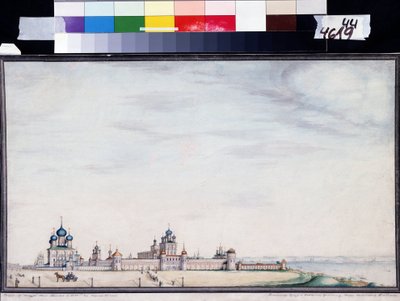 Vue de Rostov, Kremlin. (Vista do Rostov Kremlin). Peinture de Ivan Mikhaylovich Belogonov (1800-1871). Aguarela e encre no papel de Ivan Mikhaylovich Belogonov
