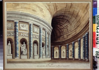 Esboço para a cortina do Teatro Empror em Pavlovsk (São Petersburgo). Vista de um corredor de colunas centrais e estátuas antigas. Obra de Ivan Nikolayevich Ivanov (1796-1854), aquare de Ivan Nikolayevich Ivanov