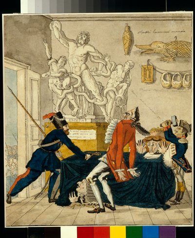 Napoleon Bonaparte (1769-1821) vende mercadorias roubadas, entre elas o grupo Laocoon - Caricatura de Ivan Ivanovich Terebenev (1780-1815), tinta e aguarela sobre papel de Ivan Nikolayevich Terebenev