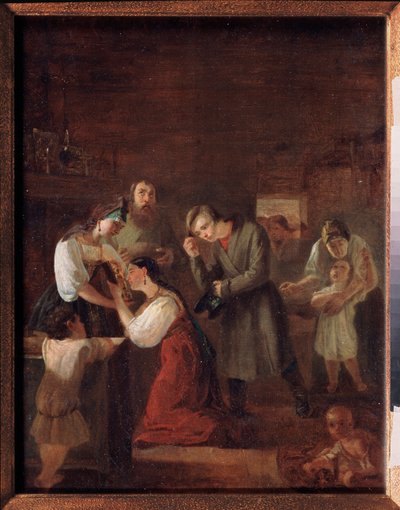 Bênção do Jovem Casal Antes do Casamento (A jovem mulher ajoelha-se e beija um ícone, o jovem dobra-se respeitosamente atrás dela) - Pintura de Ivan Petrovich Orlov (1815-1861), óleo sobre tela de Ivan Petrovich Orlov