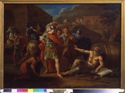 Alexandre o Grande (Alexandre III da Macedónia, 356-323 AC) visitou Diógenes (Diógenes de Sinope ou o Cínico, c. 413-c. 327 AC) em Corinto, Grécia de Ivan Philippovich Tupylev