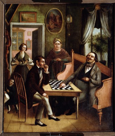 ""Os jogadores de damas"" Grupo de burgueses russos em um interior. Pintura de Ivan Stepanovich Doshchennikov (1812-1893) 1840-1850 State Art Gallery, Perm, Rússia de Ivan Stepanovich Doshchennikov