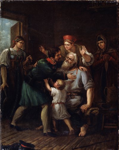 O Retorno do Guerreiro (Guerreiro do Baile). Um soldado volta para casa e se joga nos braços de seu velho pai. Toda a família expressa sua alegria e alívio por vê-lo vivo. Pintura de Ivan Vasilyevich Luchaninov (1781-1824), óleo sobre t de Ivan Vasilyevich Luchaninov