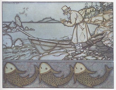 Ilustração do Conto do Pescador e do Peixe de Ivan Yakovlevich Bilibin