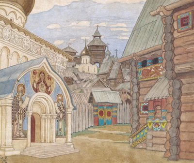 Aldeia russa. Cenografia da ópera O conto do czar Saltan de N. Rimsky-Korsakov de Ivan Yakovlevich Bilibin