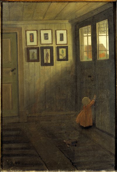 La petite fille a la porte. Interieur de la maison de l