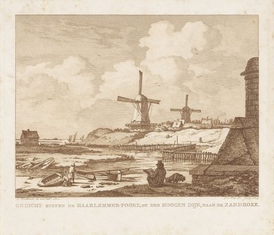 Vista do lado de fora do Haarlemmerpoort em Amsterdã com um desenhista sentado Vista do lado de fora do Haarlemmer-Poort, no Hoogen Dijk, em direção ao Zandhoek (título no objeto) de Izaak Jansz. de Wit