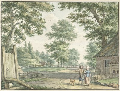 Paisagem com duas pessoas perto de uma casa de campo de Izaak Schmidt