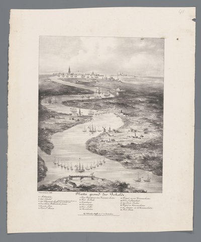 Caminhada do Escalda de Fort Bath a Antuérpia, 1832 Mapa do Scheldt (título no objeto) de J.B. Clermans