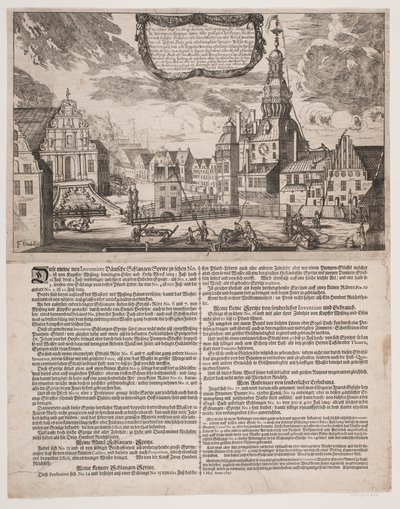 Slotspladsen em Copenhague durante o uso dos pulverizadores inventados pelo Diretor de Bombeiros Fuchs de J.E. Wedel