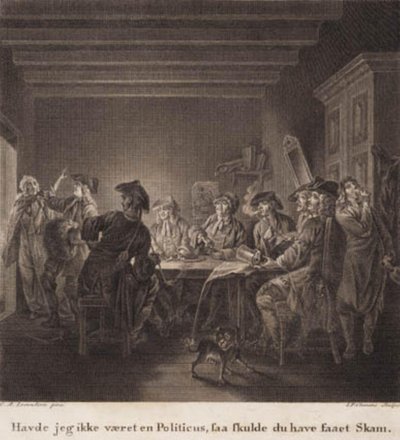 O lançador político. "Se eu não fosse um político, você deveria ter se envergonhado." Gravura após a Galeria Lorentzens Holberg. de J.F. Clemens