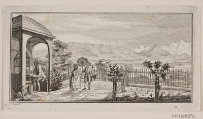 Um terraço com jardim em Genthod com um casal passeando de J.F. Clemens