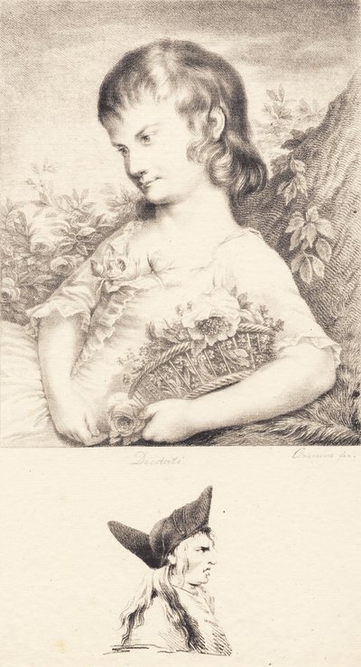 Uma garotinha com uma cesta de flores e o retrato de um homem de J.F. Clemens