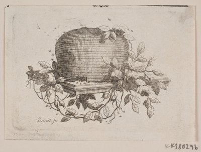 Uma placa com uma colméia, cercada com folhagem de rosas de J.F. Clemens