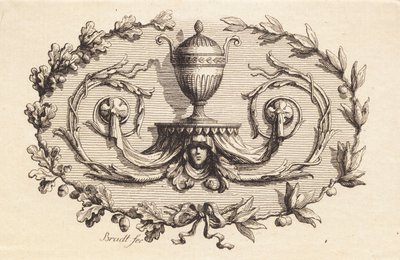 Um vaso de duas alças cercado por pergaminhos de J.F. Clemens
