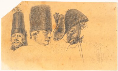 Preparação para três das cabeças para o stick: Frederik, o Grande, voltando para casa depois de uma revista em Potsdam de J.F. Clemens