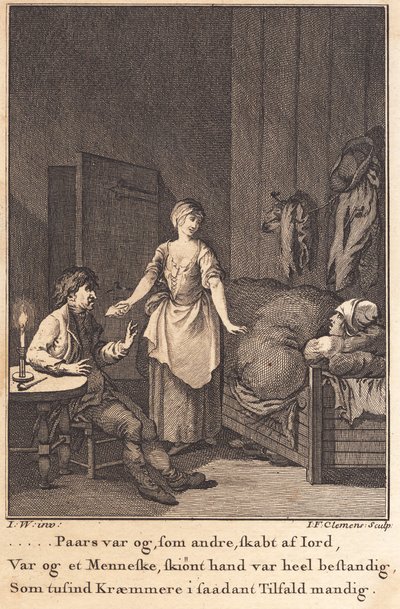 Marthe, a cozinheira, entra na sala de Peder Paars e Per Ruus de J.F. Clemens