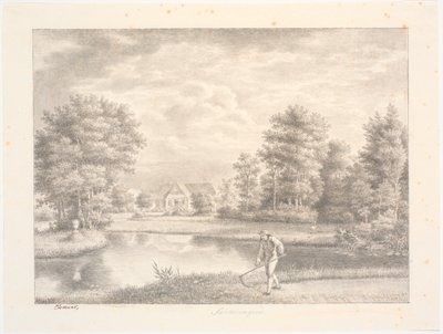 Jardim de Sanderumgaard com casa. Em primeiro plano, um homem com uma foice de J.F. Clemens