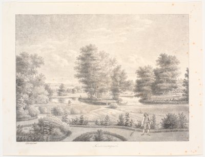 Jardim de Sanderumgaard com ilha arborizada. Em primeiro plano, um homem com um ancinho de J.F. Clemens