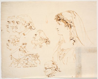 Seis cabeças de perfil masculino e feminino e mulher em vestido clássico colhendo flores de J.F. Clemens