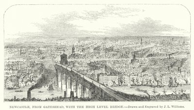 Newcastle, de Gateshead, com a Ponte de Alto Nível (gravura) de J.L. (after) Williams
